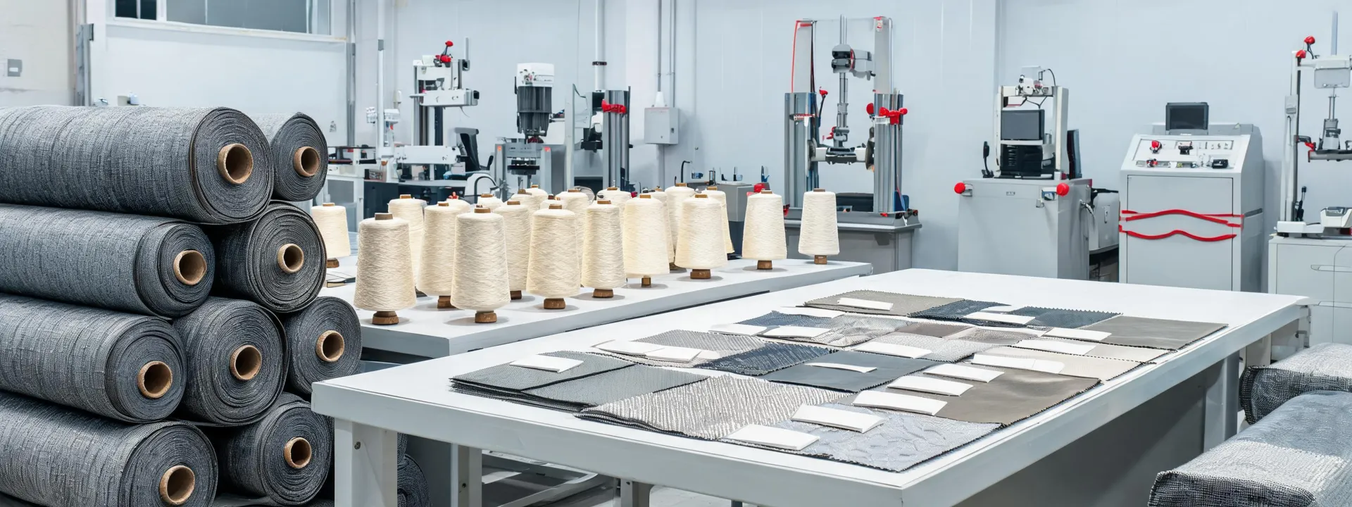 Protective textile rolls and specification labels in an industrial material laboratory